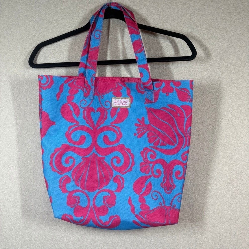 Lilly Pulitzer Estee Lauder Tote Bag Pink Blue Crab Shell Coastal Beach Canvas